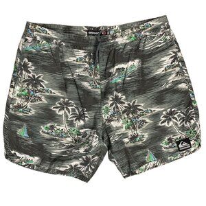 Quiksilver Elastic Waist Board Shorts L Grey Hawaiian Floral Pockets Drawstring